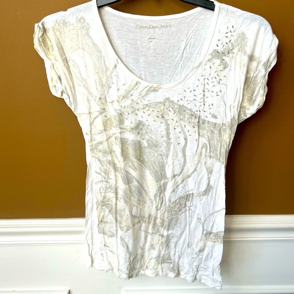 Calvin Klein Jeans Women's White  Graphic Sparkle Short Sleeve Tee Size M Summer - Picture 1 of 5